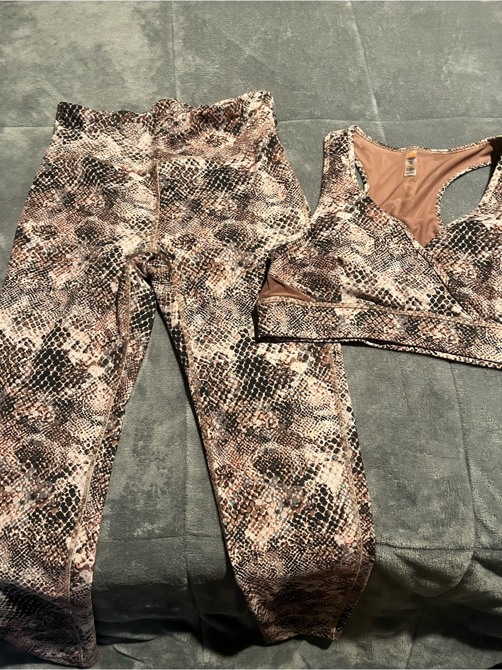Mono B High-Waist Snake Print Leggings & Sports Bra Set - Pink Brown